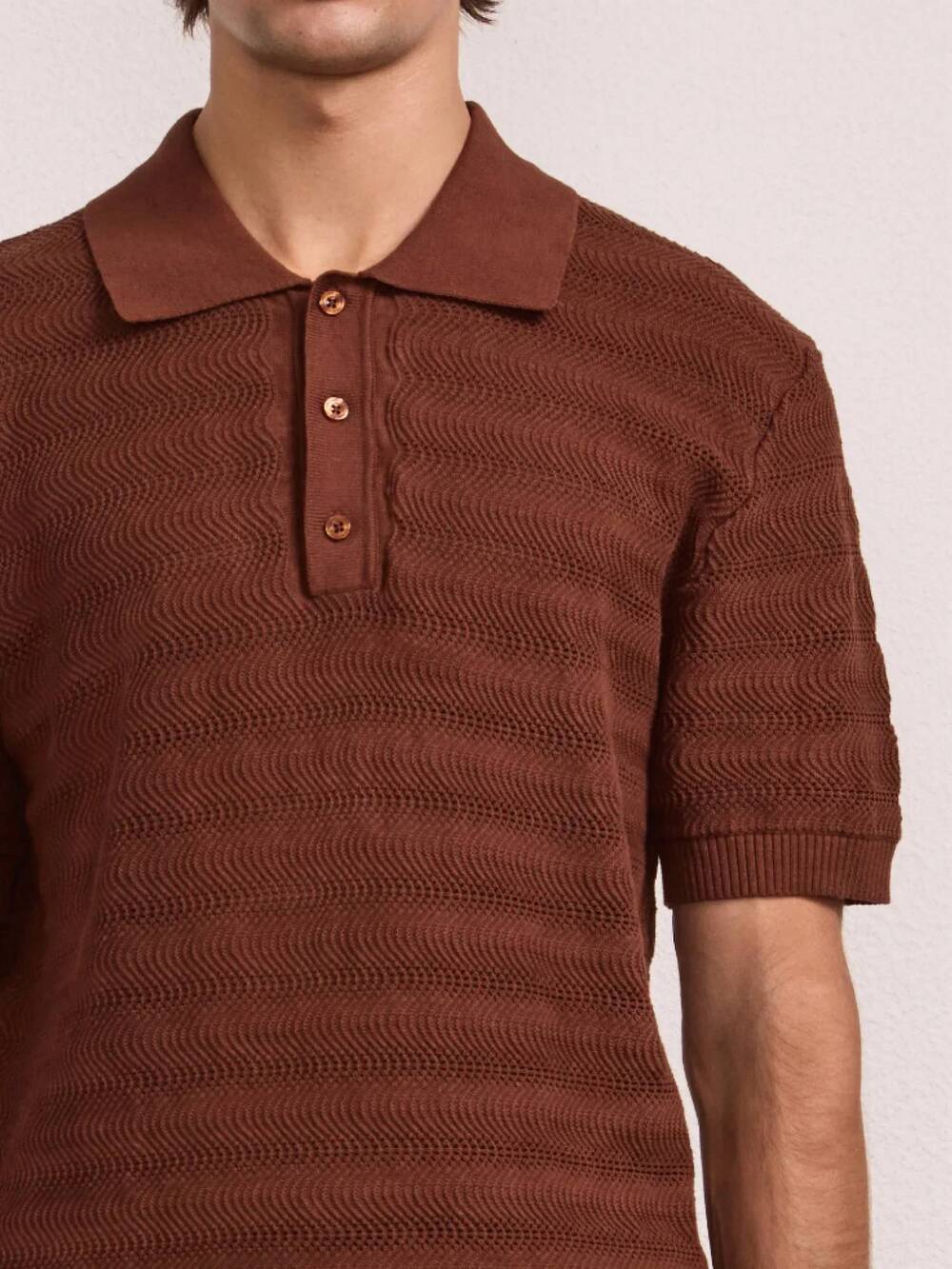 NEW FRESCOBAL CARIOCA vidal cotton blend buttoned short sleeve polo in brown - Picture 4 of 5